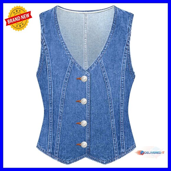 Jackets & Blazers - Large Denim Vest V-Neck Button Down Sleeveless Casual Top